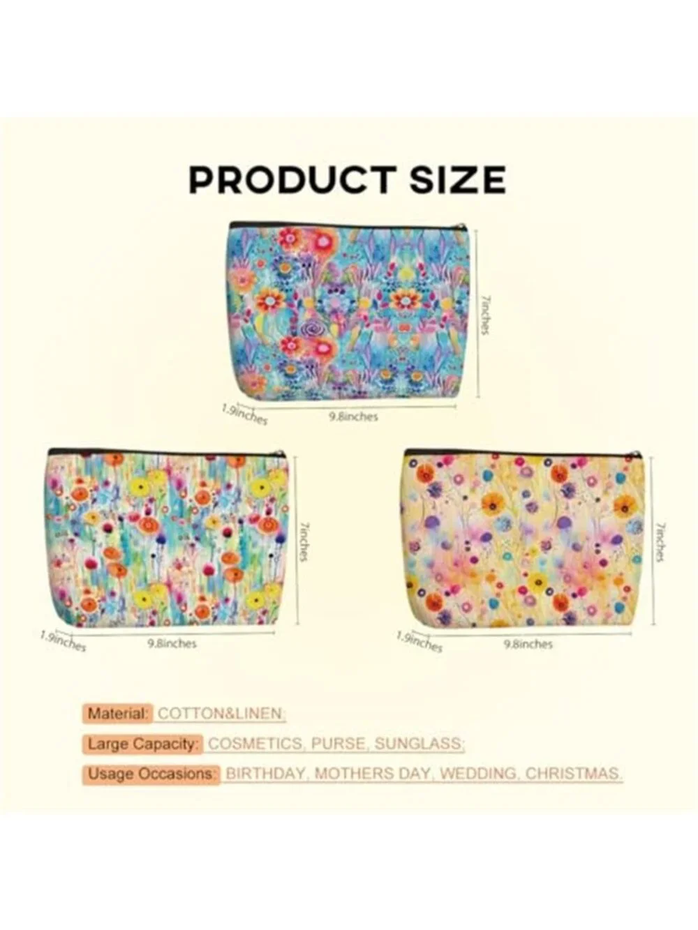3Pcs Watercolor Flowers Cosmetic Bags for Women Makeup Bag Cute Travel